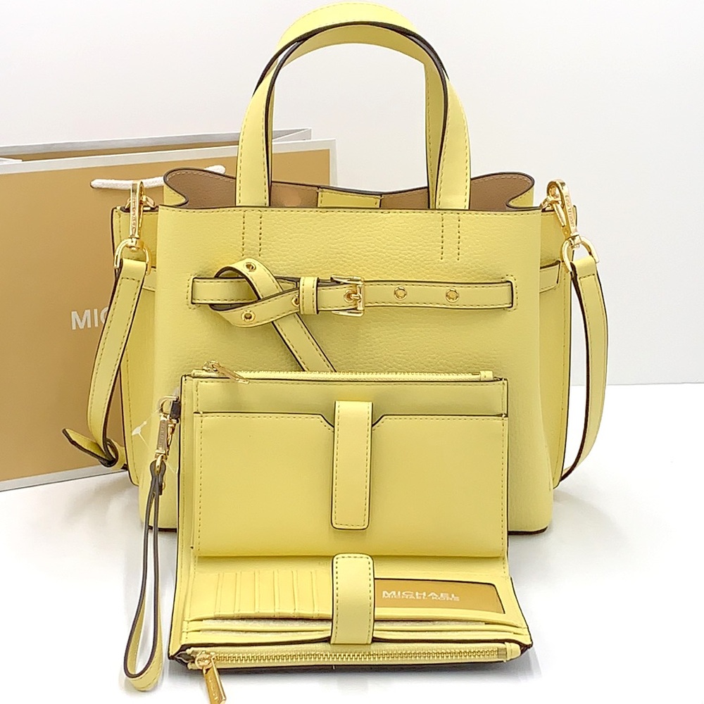 MICHAEL KORS EMILIA SMALL SATCHEL & LARGE DOUBLE ZIP WRISTLET BUTTERCUP - Picture 2 of 16